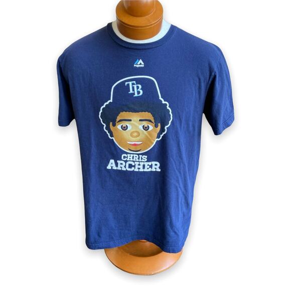 Majestic Mens T-Shirt Size Large Tampa Bay Rays Chris Archer Pitcher Navy Blue - Picture 1 of 5